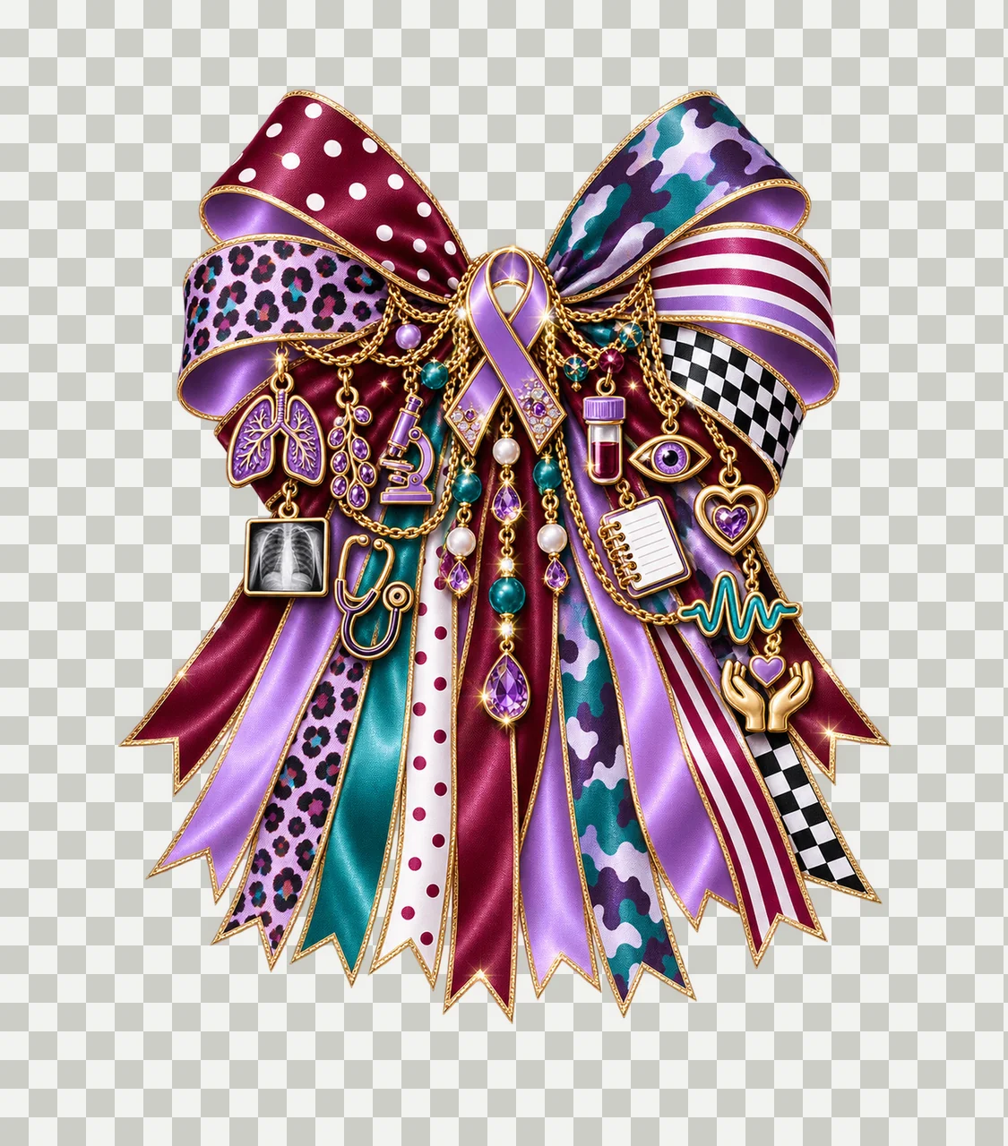 Sarcoidosis Awareness Bow Charm PNG, Themed Gold Chain Charms, Coquette Ribbon Sublimation Design, Transparent Digital Download transparency and detail preview thumbnail
