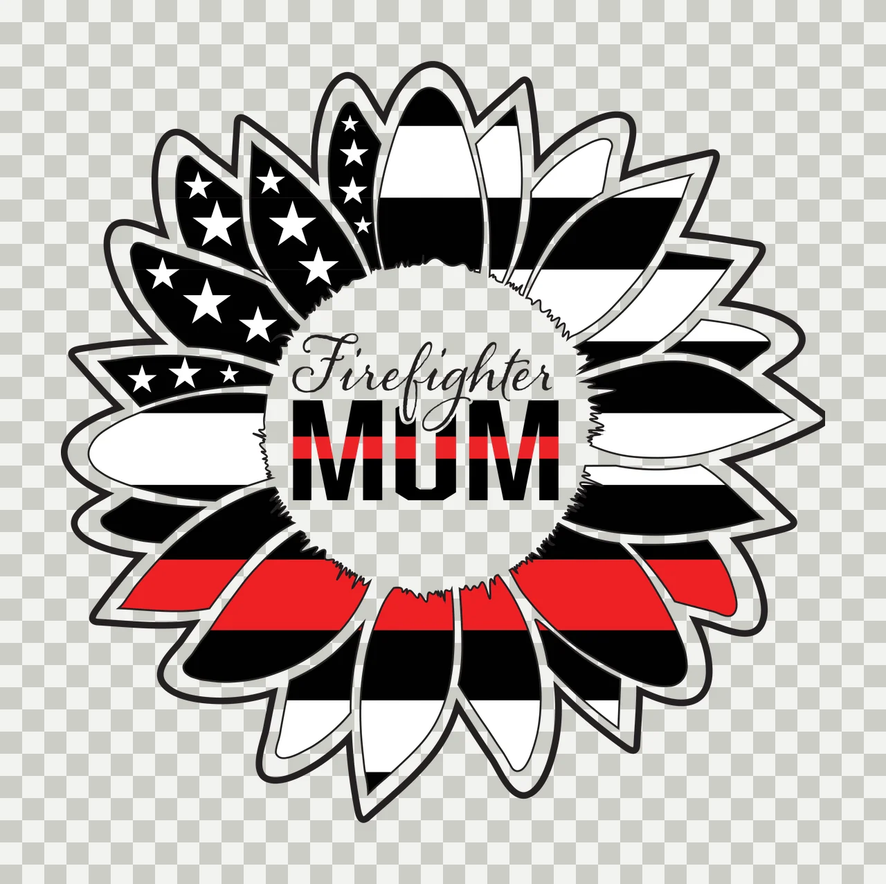 Firefighter MUM sunflower emblem Design with stars, stripes, thin red line and script text in black and white transparency and detail preview thumbnail