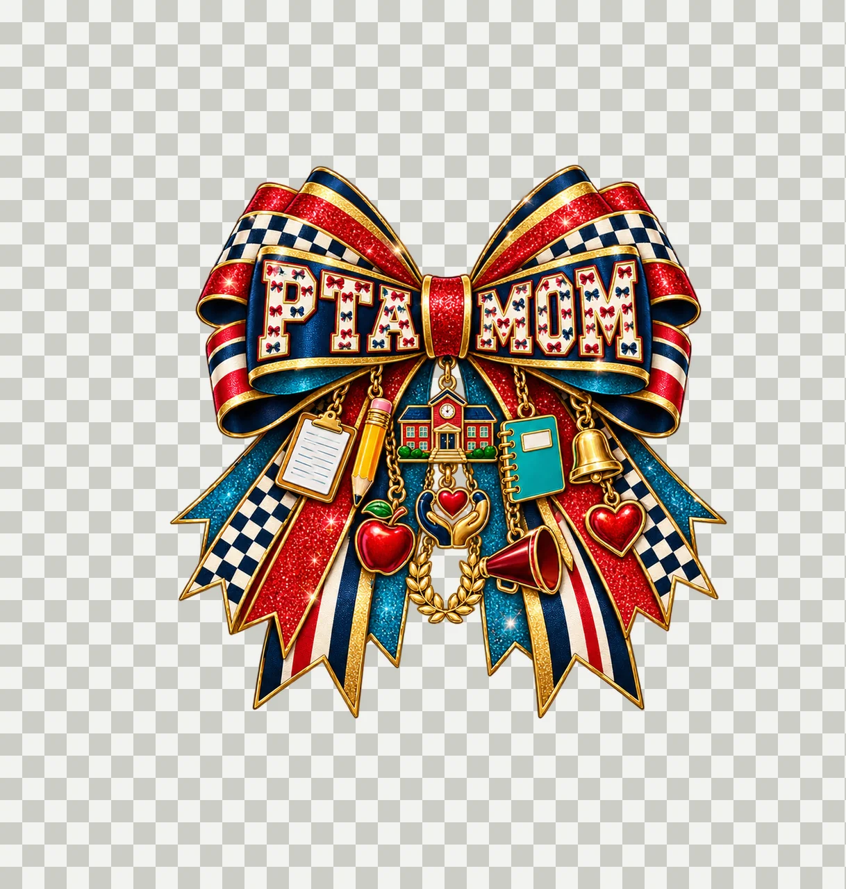 PTA Mom Bow Charm PNG, Patterned Varsity Mom Ribbon Clipart, Transparent Sublimation Digital Download transparency and detail preview thumbnail