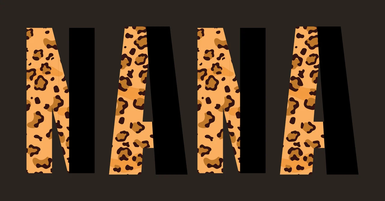 NANA Typography Design with leopard print pattern, black letterforms, orange-brown spots and white background contrast preview thumbnail