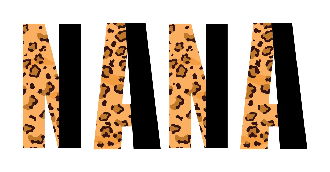 NANA Typography Design with leopard print pattern, black letterforms, orange-brown spots and white background