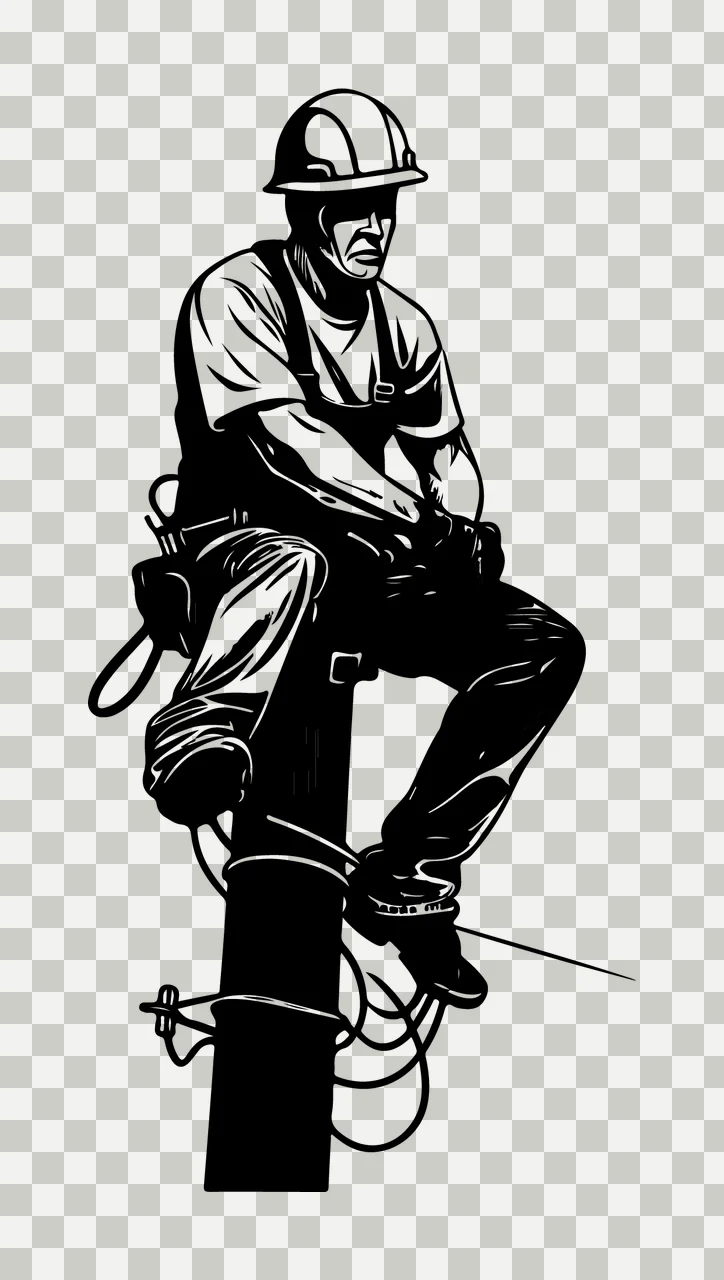 Worker In Hard Hat Sitting Perched pole cables high contrast ink transparency and detail preview thumbnail
