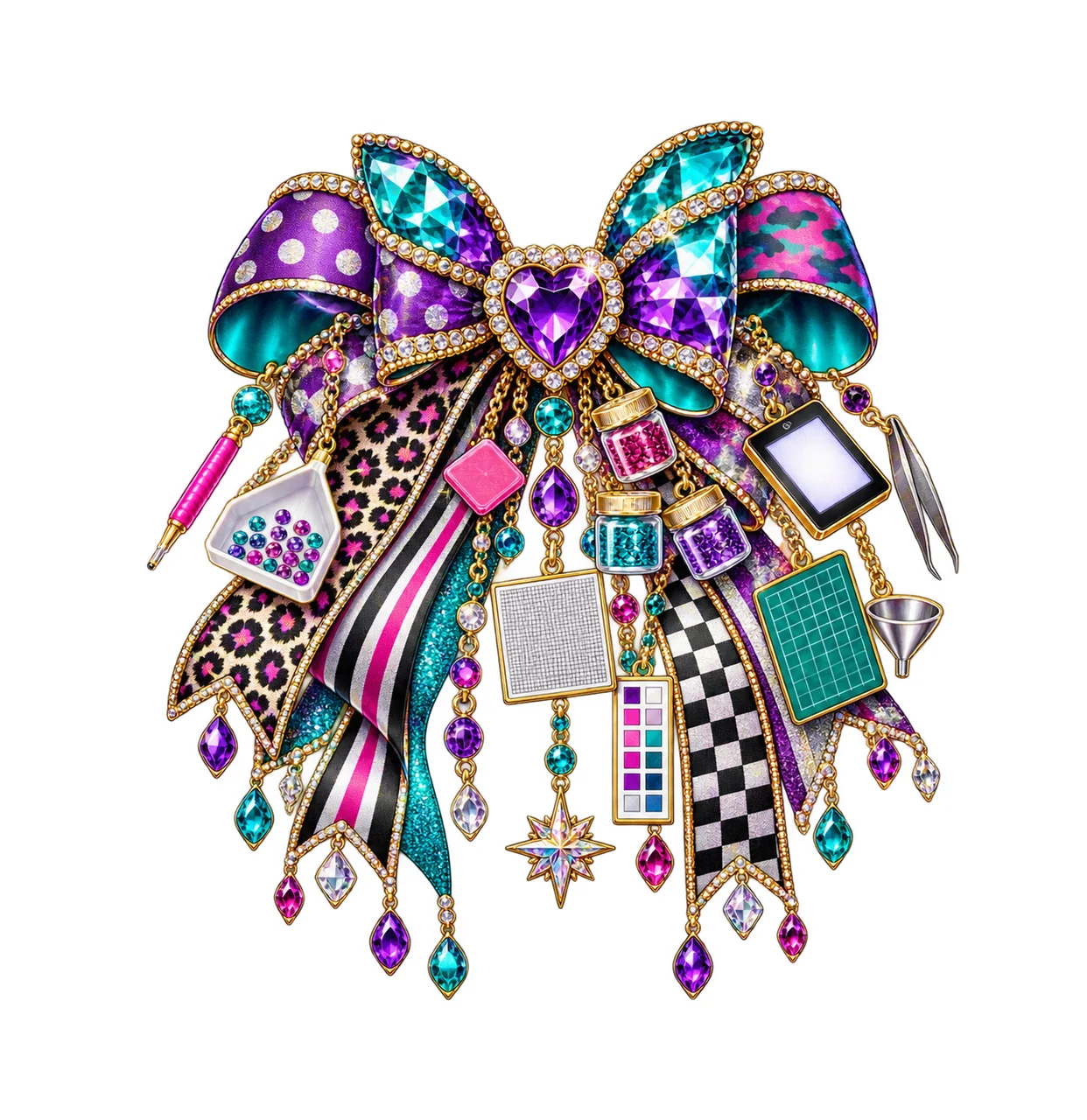 Diamond Art Crafter Bow Charm PNG, Themed Gold Chain Charms, Coquette Ribbon Sublimation Design, Transparent Digital Download