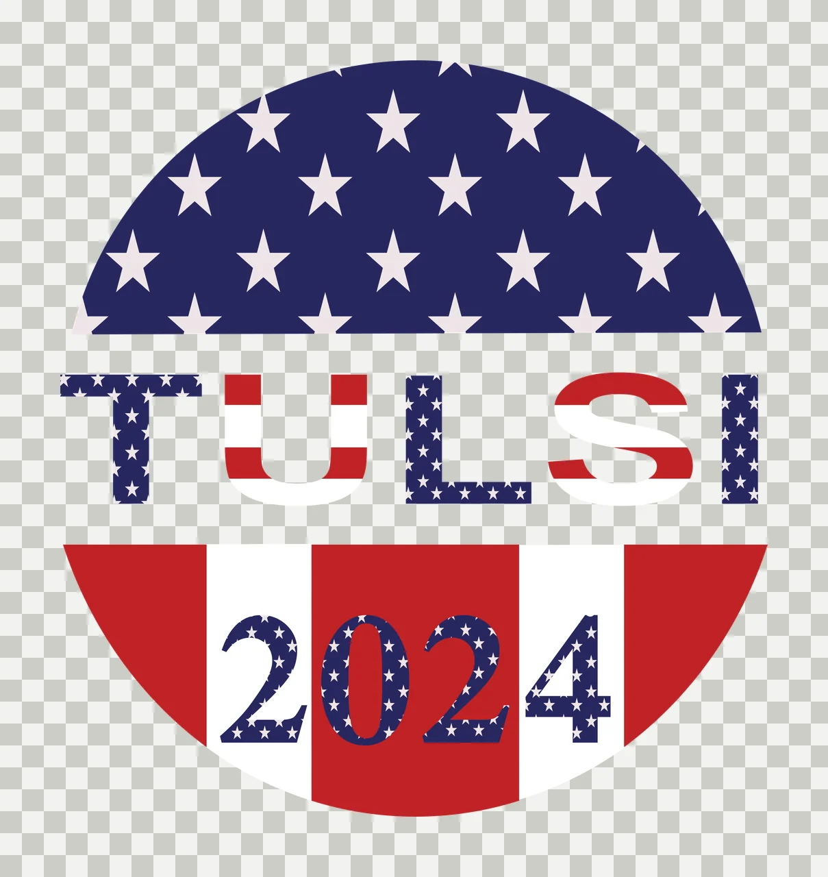 TULSI 2024 TULSI 2024 campaign logo Design with blue half-circle with white stars, white horizontal stripe, red horizontal stripe and text 'TULSI' with stars and solid colors transparency and detail preview thumbnail