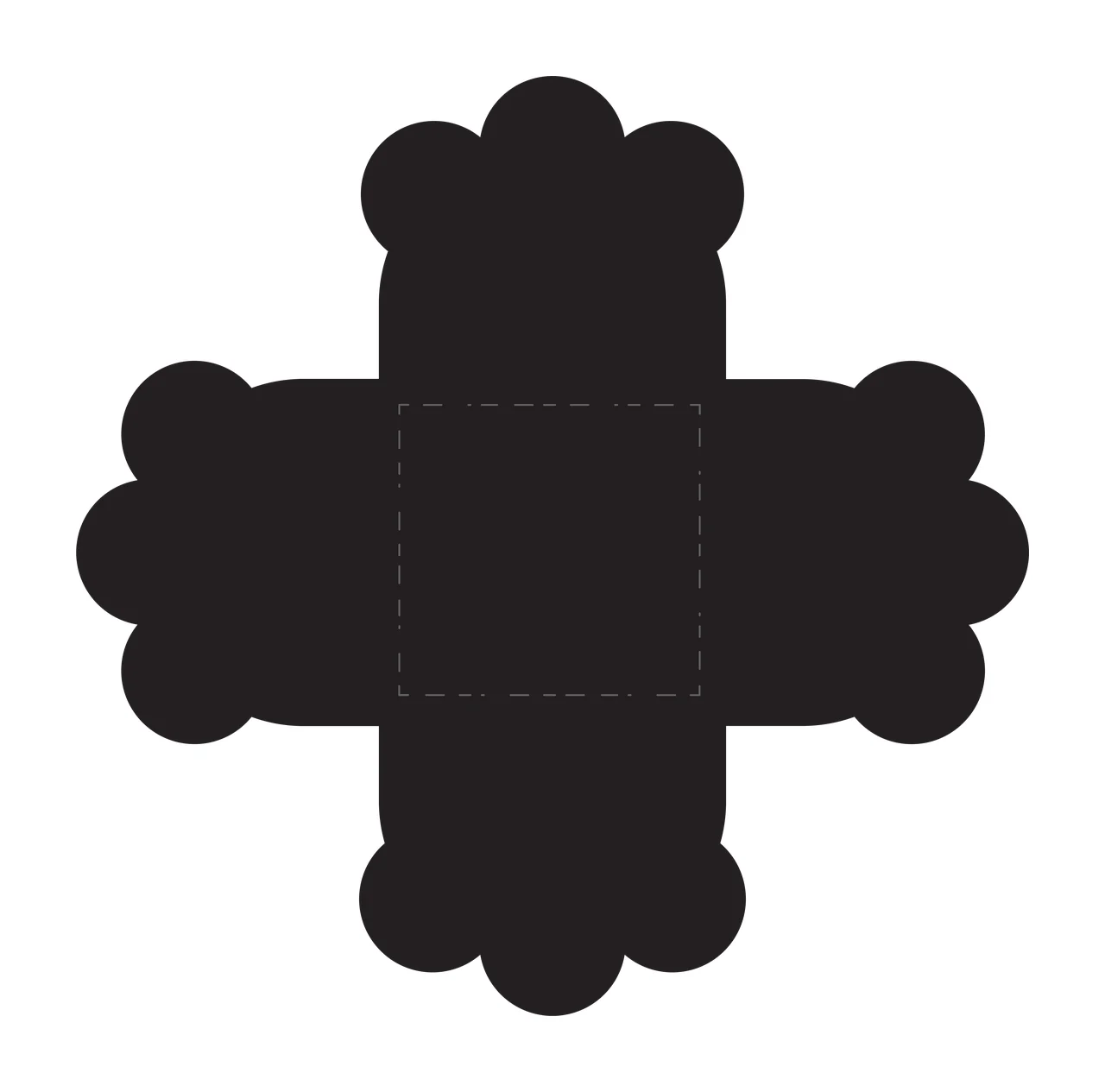 Black cross-shaped die-cut template Illustration with black cross shape, scalloped edges and dashed square center