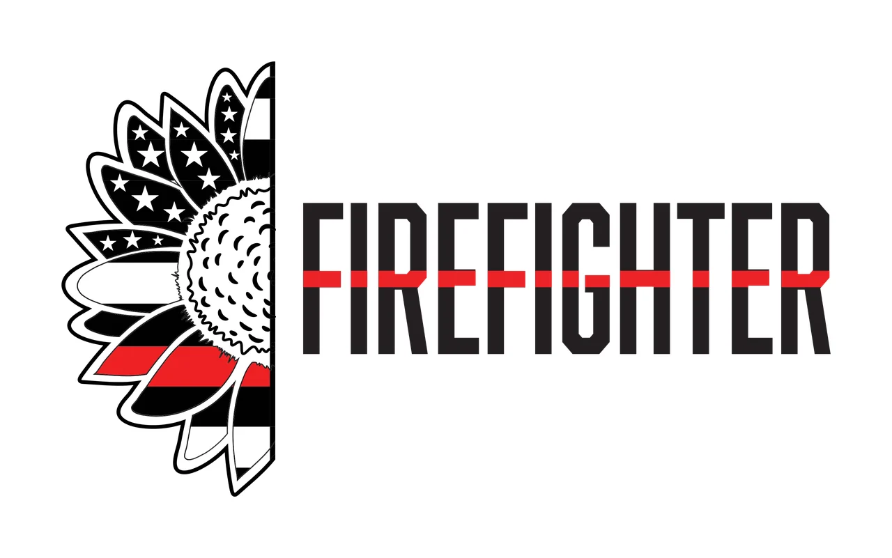 FIREFIGHTER firefighter sunflower Design with half sunflower, thin red line, American flag pattern and bold lettering in black and white