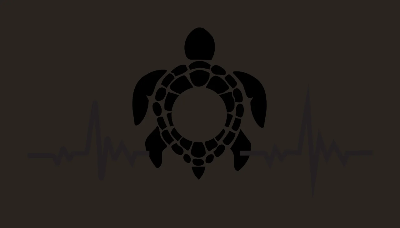 Silhouette Design of Sea turtle and heartbeat line with organic shell pattern, flippers, head and EKG pulse line in black and white contrast preview thumbnail