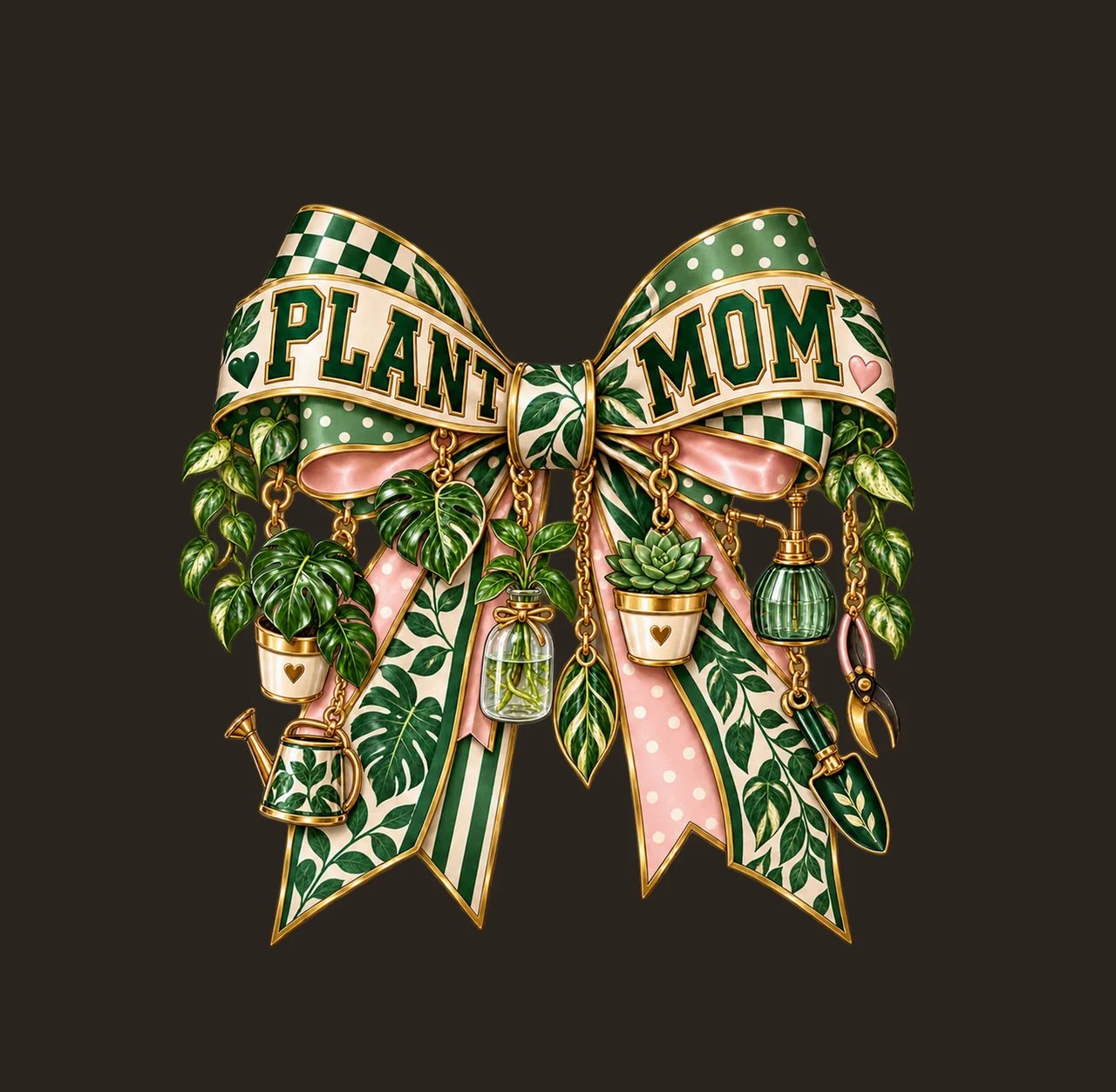 Plant Mom Bow Charm PNG, Patterned Varsity Mom Ribbon Clipart, Transparent Sublimation Digital Download contrast preview thumbnail