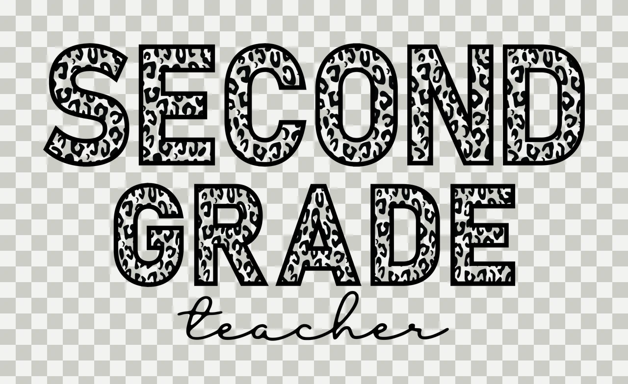 SECOND GRADE teacher Typography Design with leopard print pattern inside letters and black outline in white transparency and detail preview thumbnail