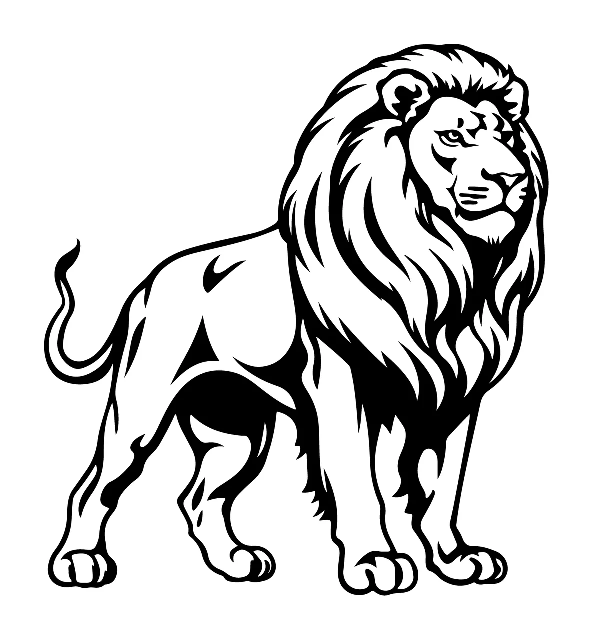 Lion Standing Illustration In Black Ink mane tail line drawing