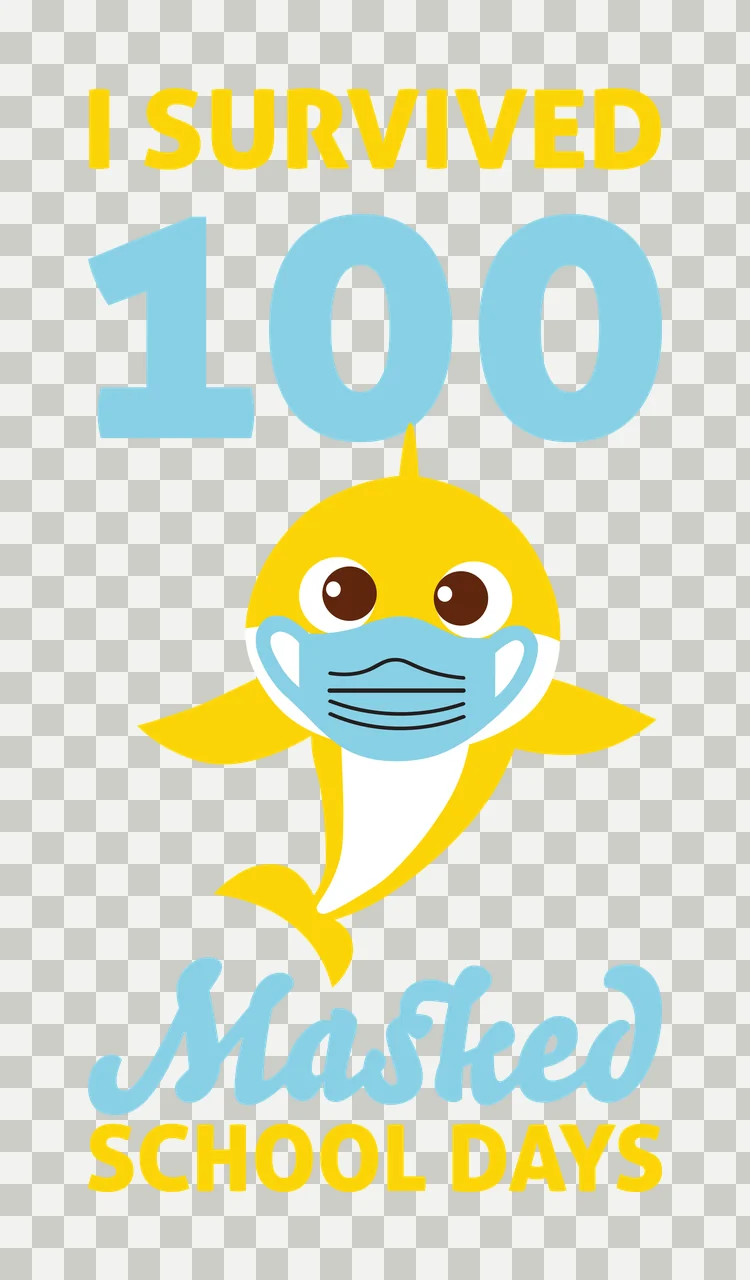 I SURVIVED 100 Masked SCHOOL DAYS Typography Design with yellow shark, blue face mask, brown eyes and text I SURVIVED transparency and detail preview thumbnail