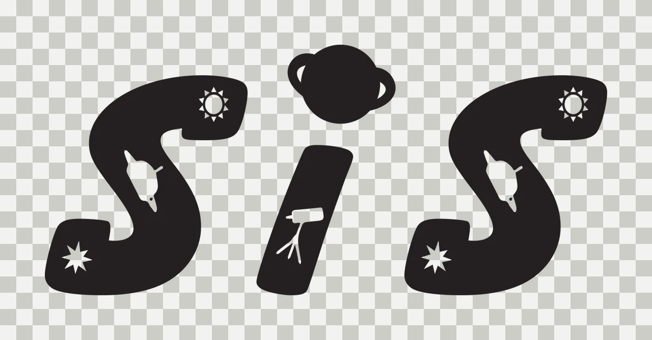 SIS SIS space typography with letter S, ringed planet, rocket ship and telescope in black and white transparency and detail preview thumbnail