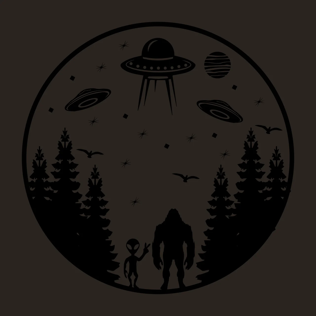 Alien Ufos And Woodland Circle Scene forest hovering UFO tree contrast preview thumbnail