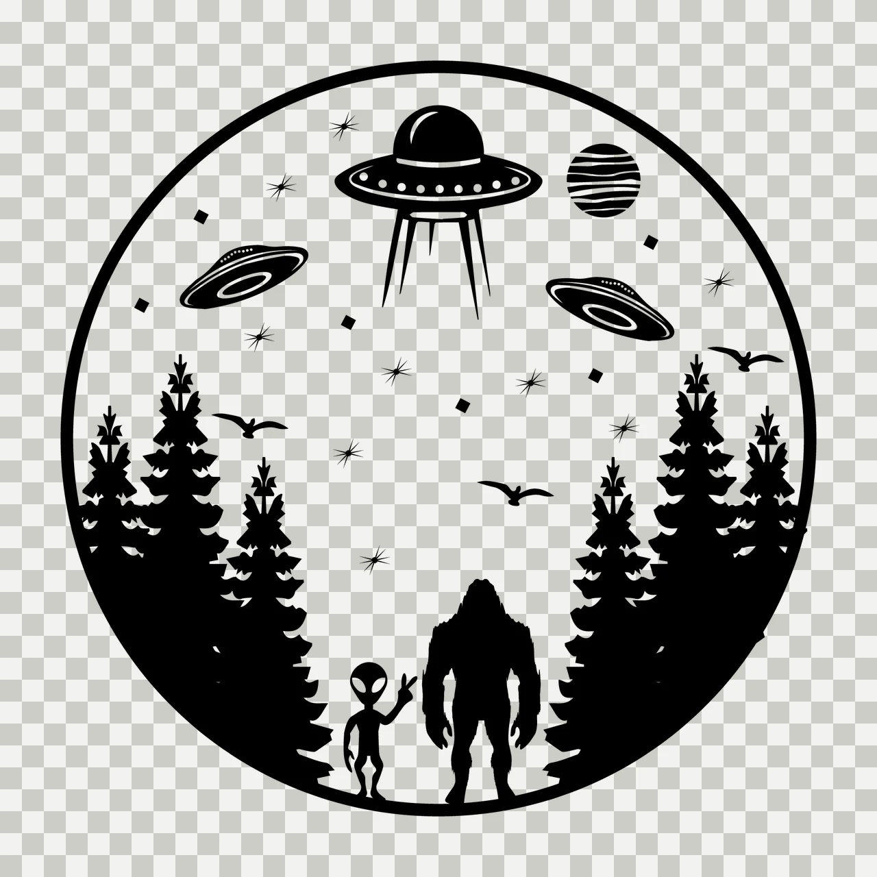 Alien Ufos And Woodland Circle Scene forest hovering UFO tree transparency and detail preview thumbnail