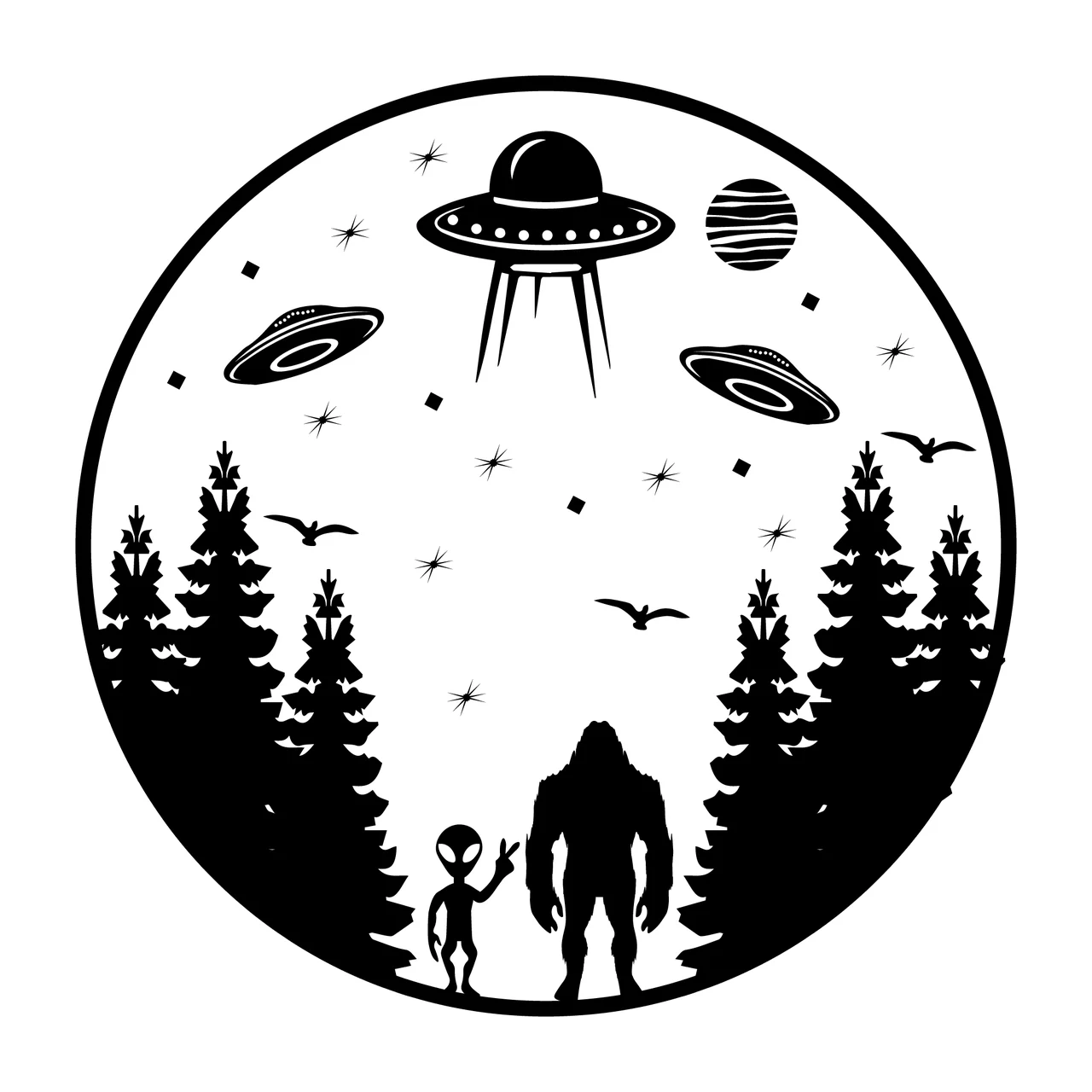 Alien Ufos And Woodland Circle Scene forest hovering UFO tree