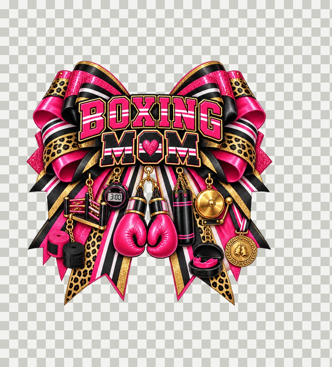 Boxing Mom Bow Charm PNG, Patterned Varsity Mom Ribbon Clipart, Transparent Sublimation Digital Download transparency and detail preview thumbnail