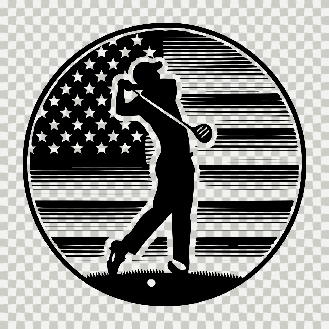 Golf Golfer Silhouette Inside American Flag Circle swinging club transparency and detail preview thumbnail