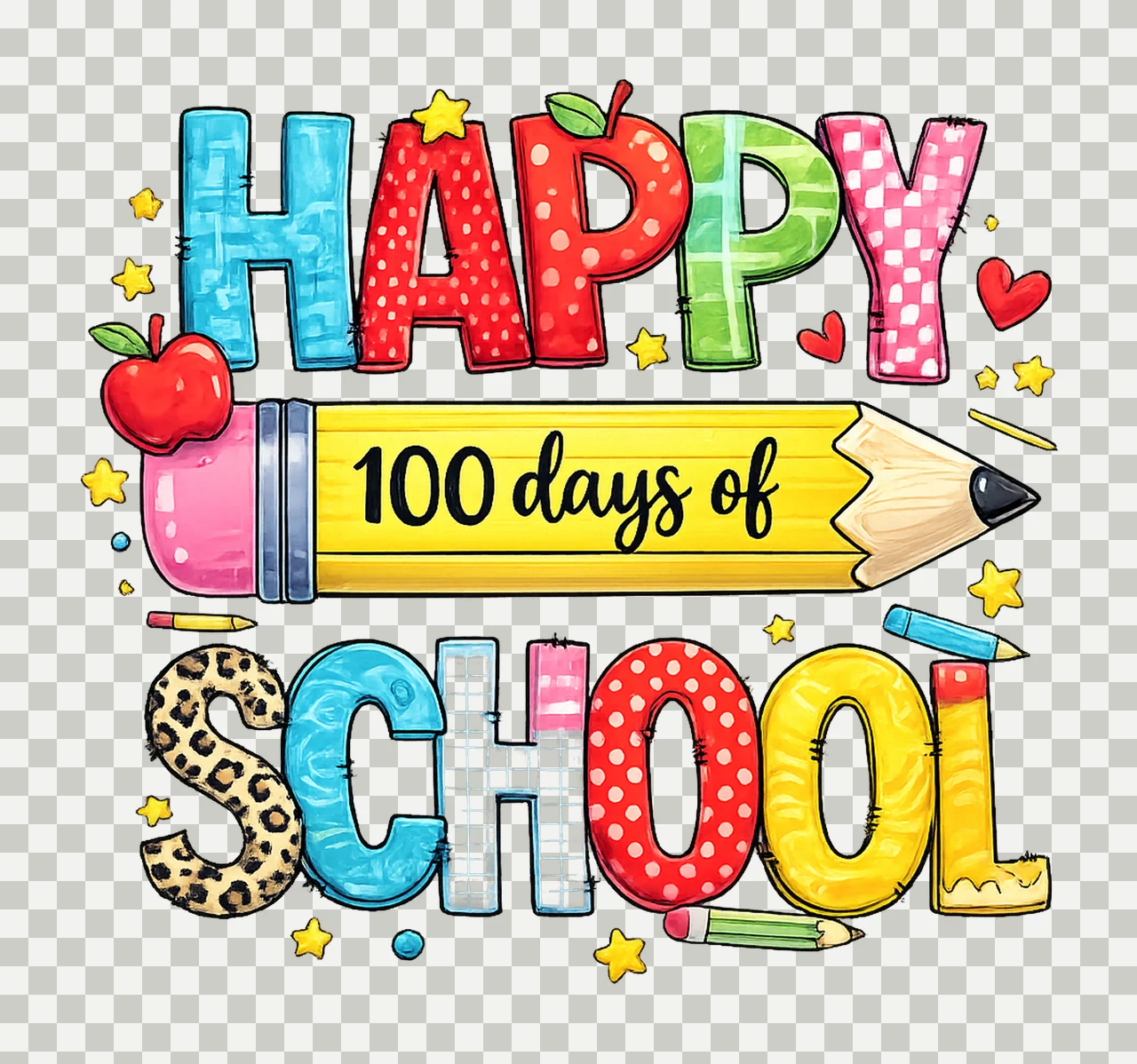 Happy 100 Days Of School Large Pencil School Pattern Digital transparency and detail preview thumbnail