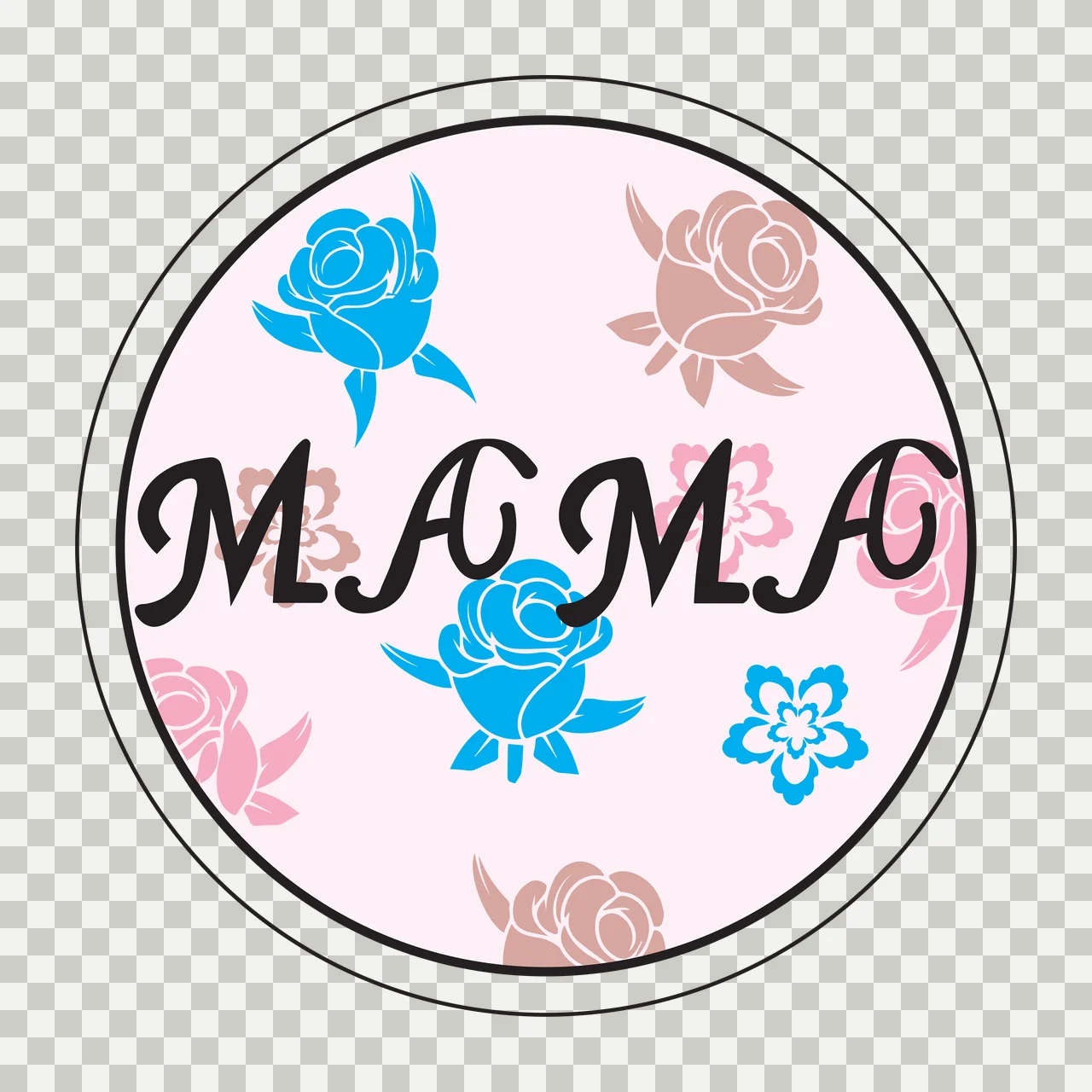 MAMA Typography Design with black 'MAMA' text, blue rose, pink rose and brown rose in light pink transparency and detail preview thumbnail