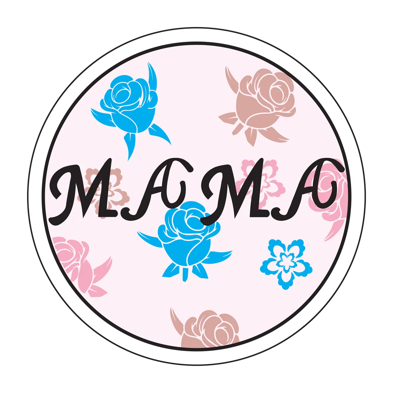 MAMA Typography Design with black 'MAMA' text, blue rose, pink rose and brown rose in light pink