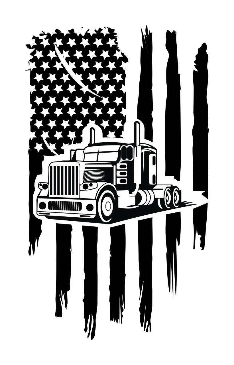 Semi Truck Flag Silhouette Over American stars stripes cab