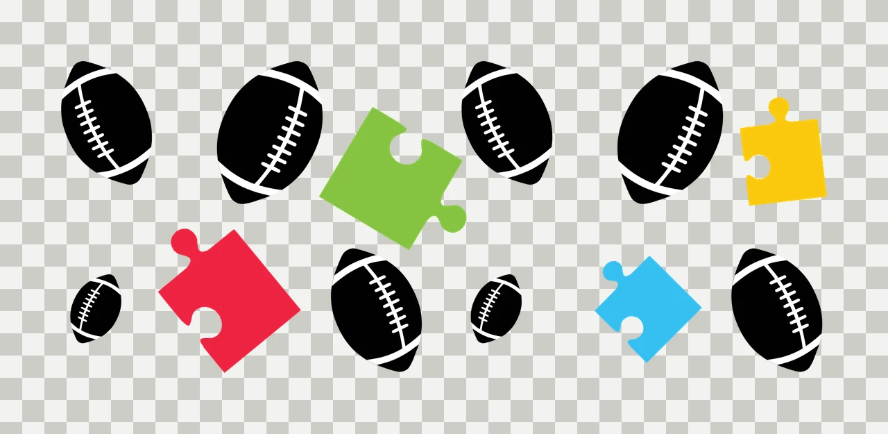 American footballs and puzzle pieces Illustration with black American football, green puzzle piece, yellow puzzle piece and red puzzle piece transparency and detail preview thumbnail