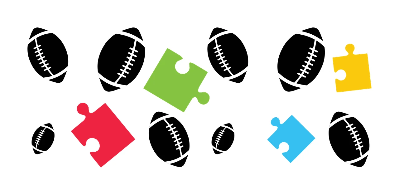 American footballs and puzzle pieces Illustration with black American football, green puzzle piece, yellow puzzle piece and red puzzle piece