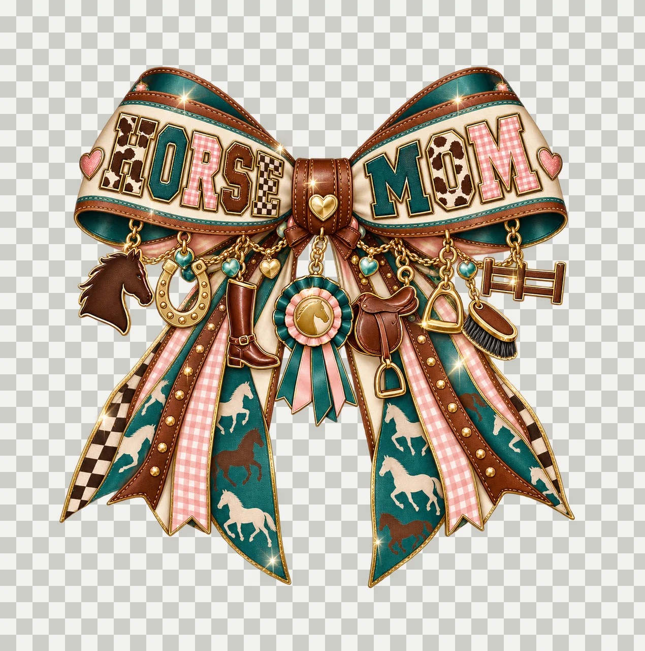 Horse Mom Bow Charm PNG, Patterned Varsity Mom Ribbon Clipart, Transparent Sublimation Digital Download transparency and detail preview thumbnail