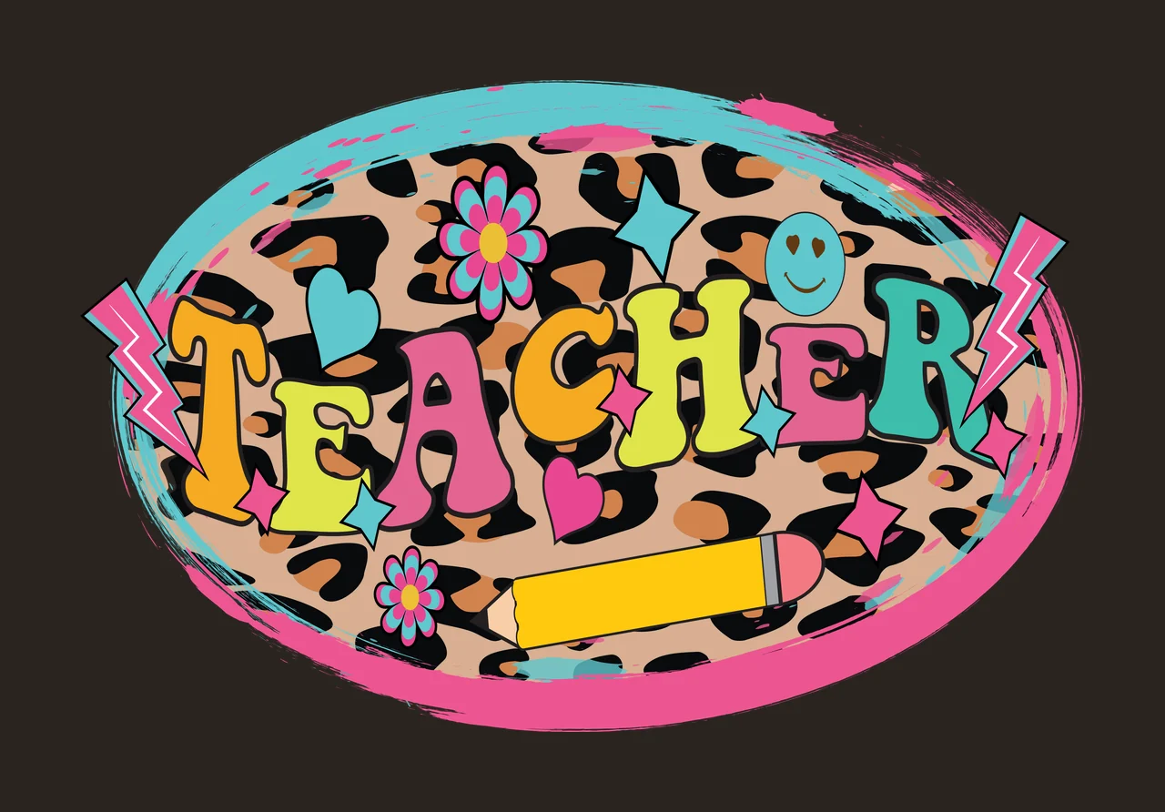 TEACHER TEACHER Design emblem with TEACHER text, leopard print pattern, oval frame and pencil in pink, turquoise and yellow contrast preview thumbnail