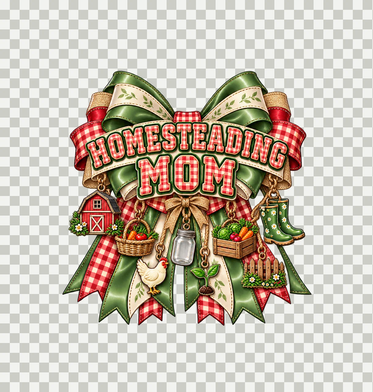 Homesteading Mom Bow Charm PNG, Patterned Varsity Mom Ribbon Clipart, Transparent Sublimation Digital Download transparency and detail preview thumbnail