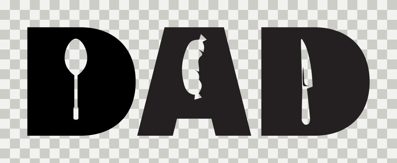 DAD Typography Design with DAD text, spoon silhouette, sausage silhouette and knife silhouette in black and white transparency and detail preview thumbnail