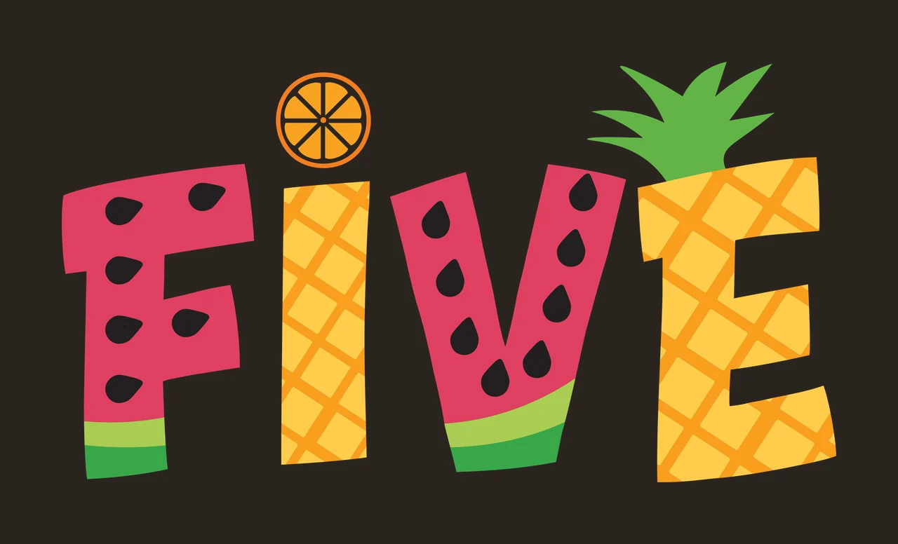 FIVE fruit typography with watermelon pattern, pineapple pattern, orange slice and pineapple leaves in pink and yellow contrast preview thumbnail