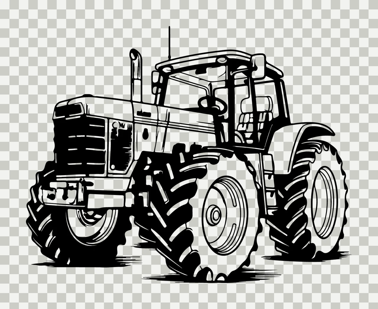Tractor With Large Treaded Wheels Side tires cabin engine line art transparency and detail preview thumbnail