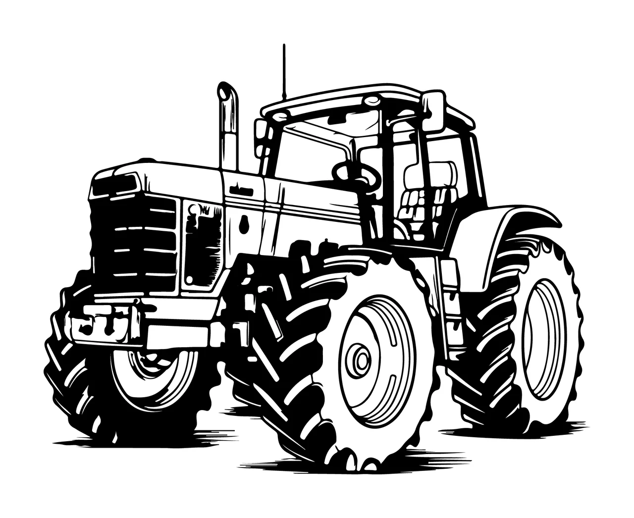 Tractor With Large Treaded Wheels Side tires cabin engine line art