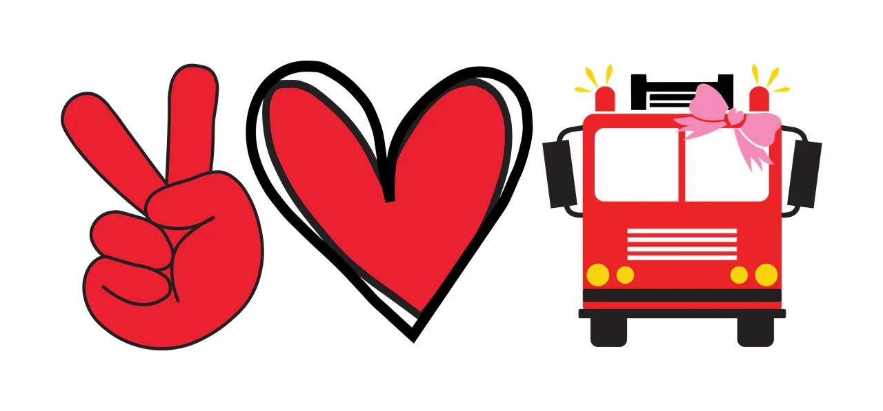 Peace love fire truck design set with peace sign hand gesture, heart symbol, red fire truck and pink bow in black