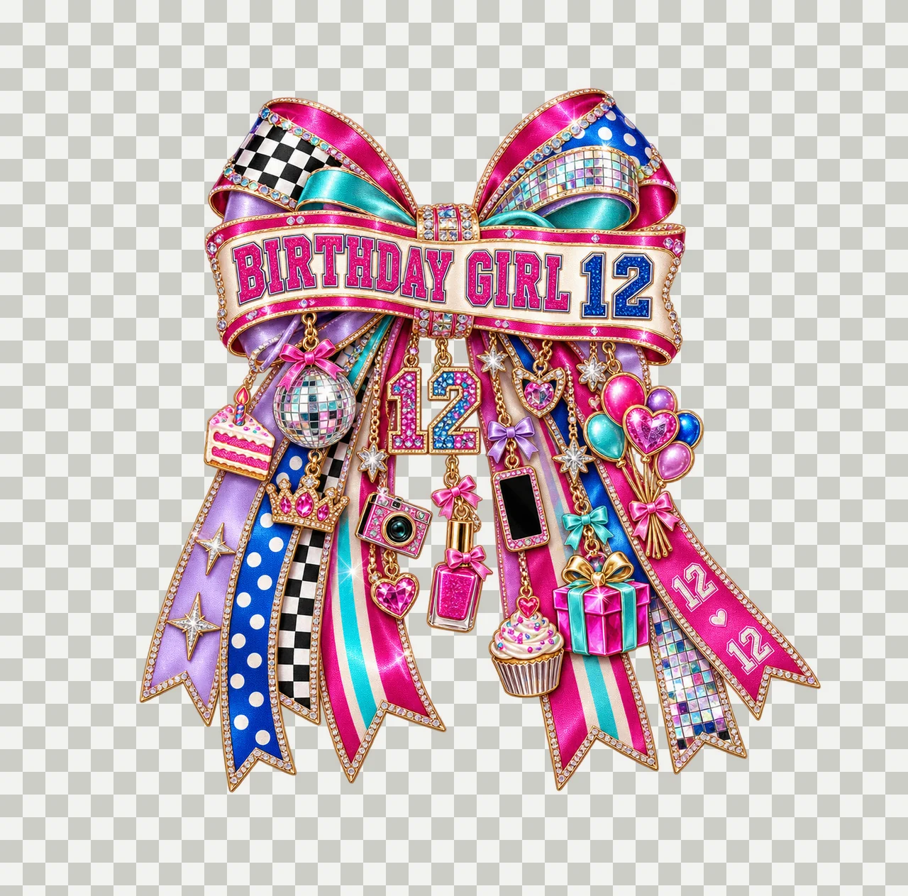 Birthday Girl 12 Bow Charm PNG, Patterned Coquette Bow Clipart, Transparent Sublimation Digital Download transparency and detail preview thumbnail