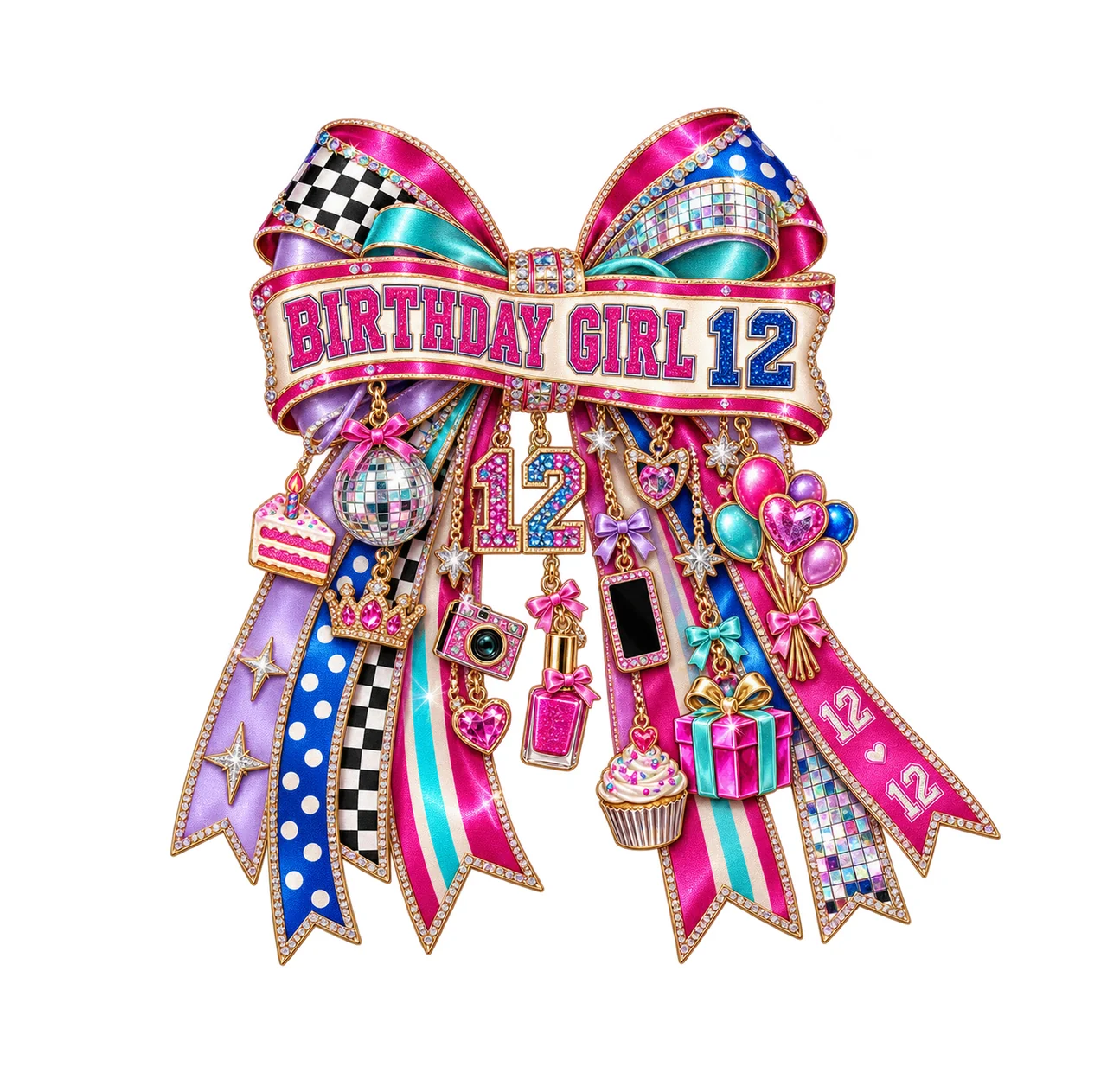 Birthday Girl 12 Bow Charm PNG, Patterned Coquette Bow Clipart, Transparent Sublimation Digital Download