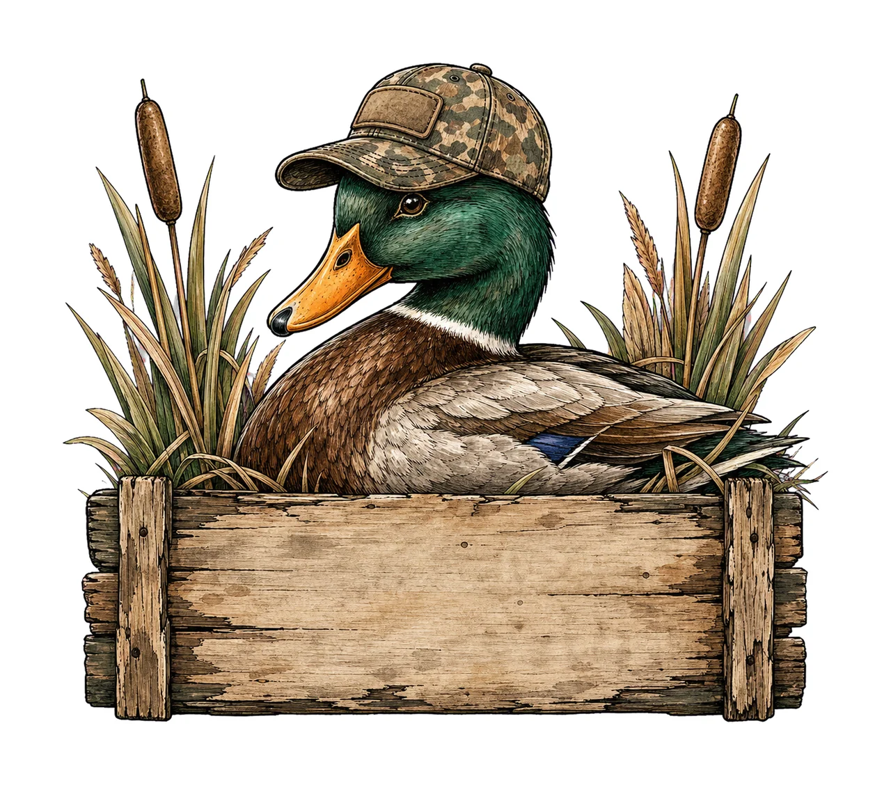 Mallard Duck wearing camo hat with name patch Variation B