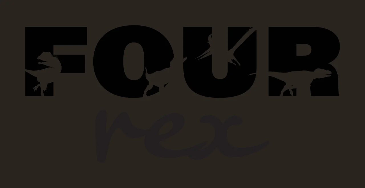 FOUR rex dinosaur typography design with dinosaur silhouettes, bold block letters, cursive script lettering and pterosaur cutout in black and white contrast preview thumbnail
