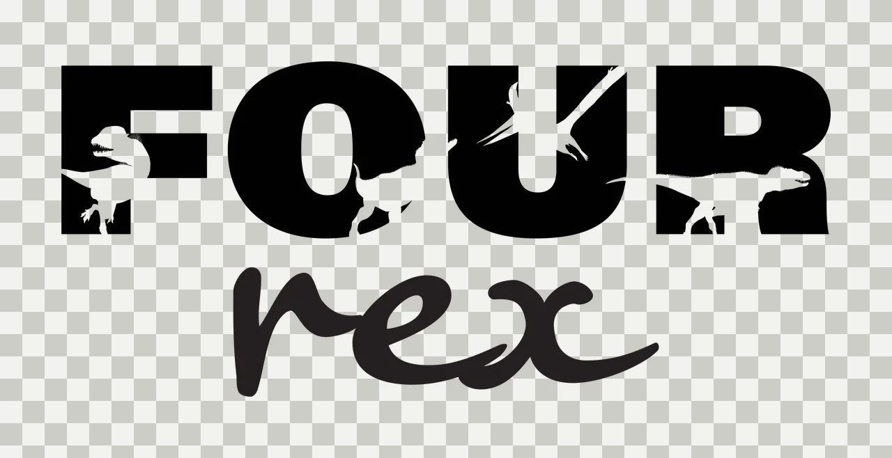 FOUR rex dinosaur typography design with dinosaur silhouettes, bold block letters, cursive script lettering and pterosaur cutout in black and white transparency and detail preview thumbnail