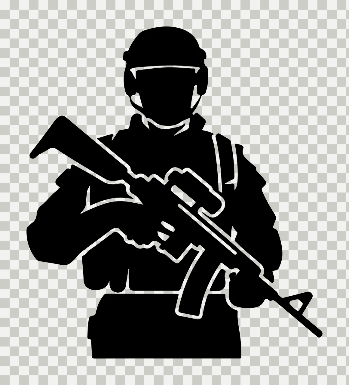 Silhouette Of Soldier Holding Rifle helmet black white weapon transparency and detail preview thumbnail