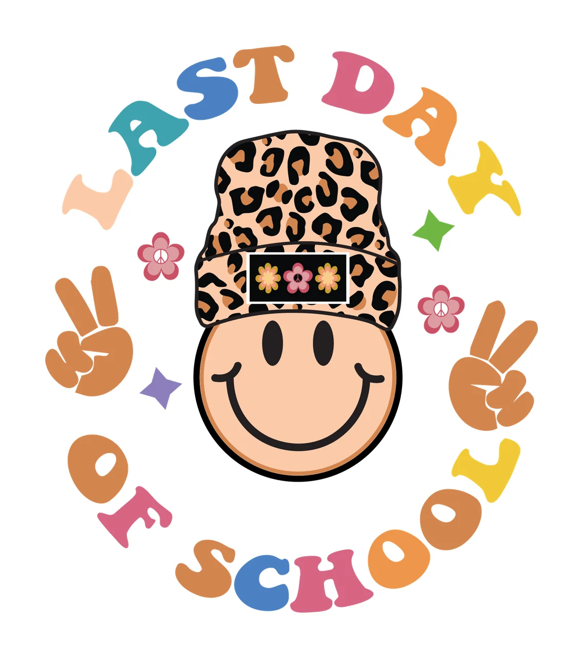 Last Day Of School Badge Graphic round decorated leopard print hat