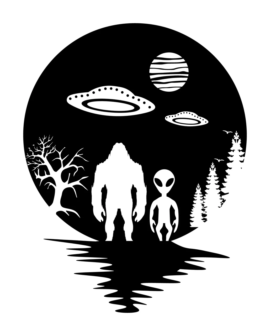 Alien Night Landscape Standing With Circle And Silhouette