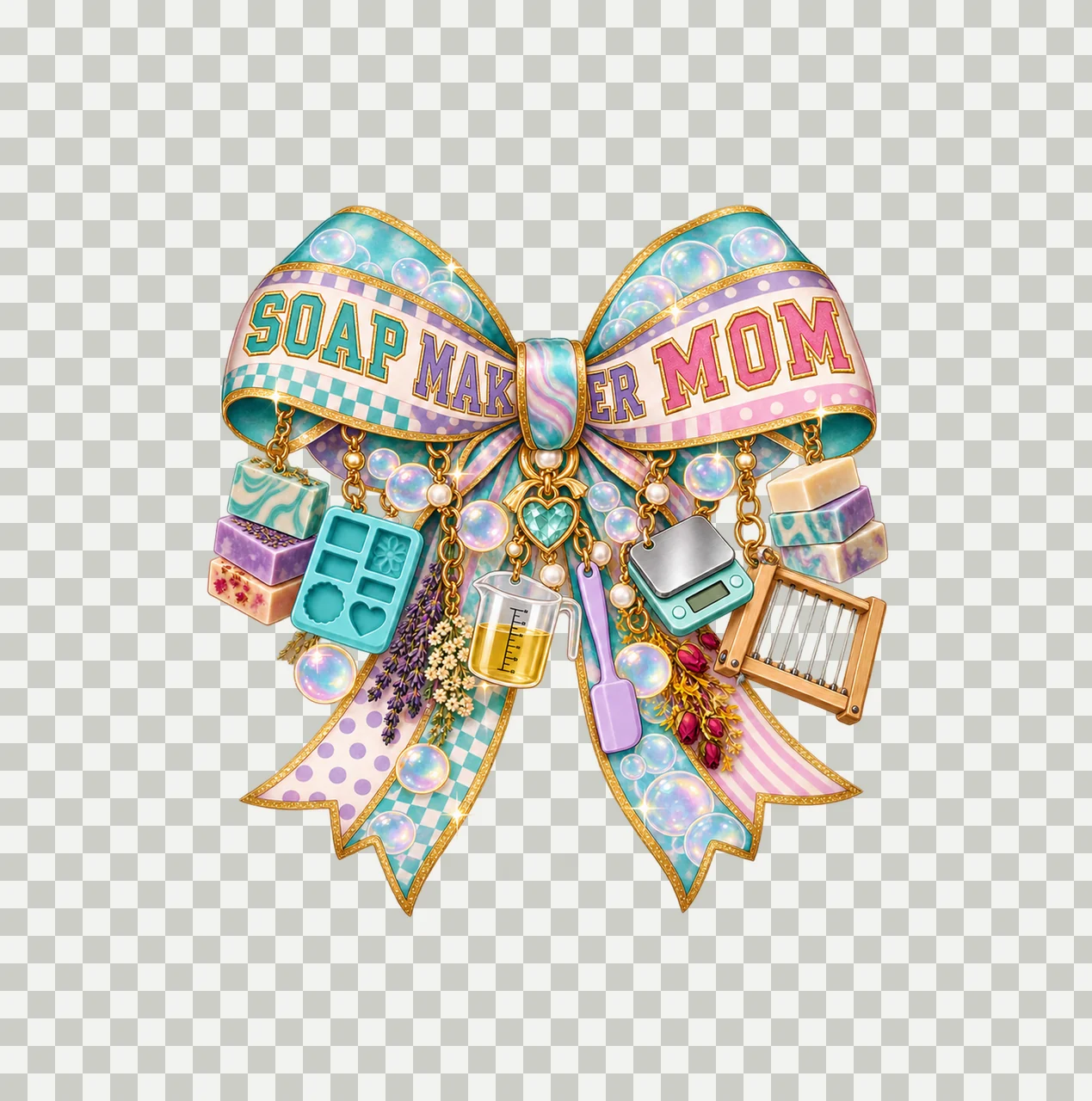 Soap Maker Mom Bow Charm PNG, Patterned Varsity Mom Ribbon Clipart, Transparent Sublimation Digital Download transparency and detail preview thumbnail