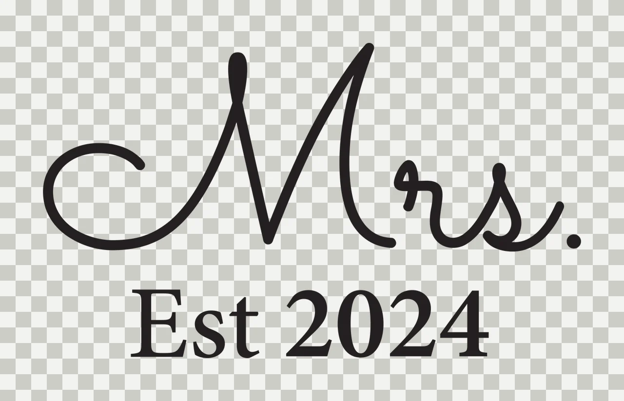 Mrs. Est 2024 Typography Design with black cursive 'Mrs ' and black serif 'Est 2024' in white transparency and detail preview thumbnail