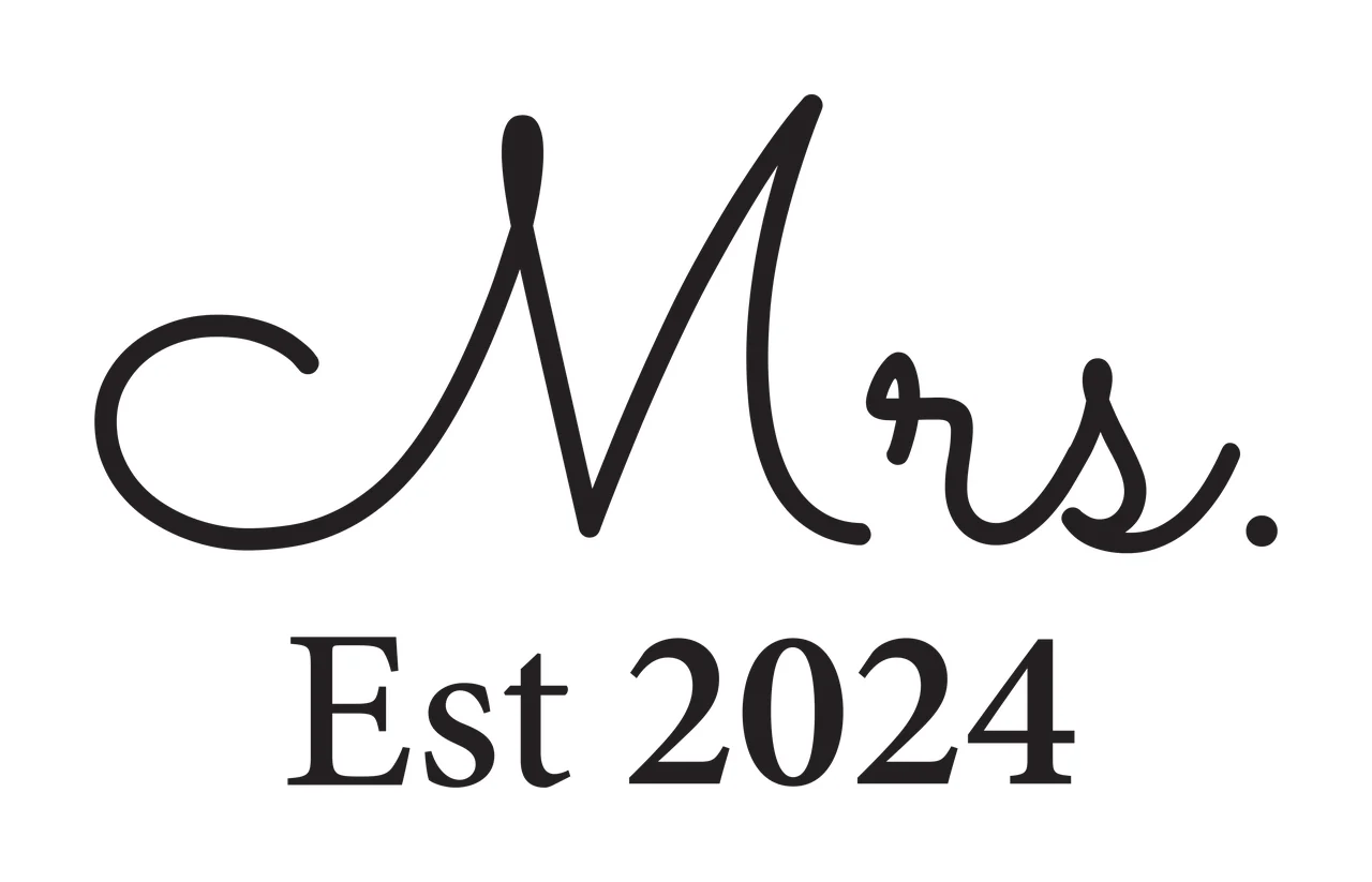 Mrs. Est 2024 Typography Design with black cursive 'Mrs ' and black serif 'Est 2024' in white