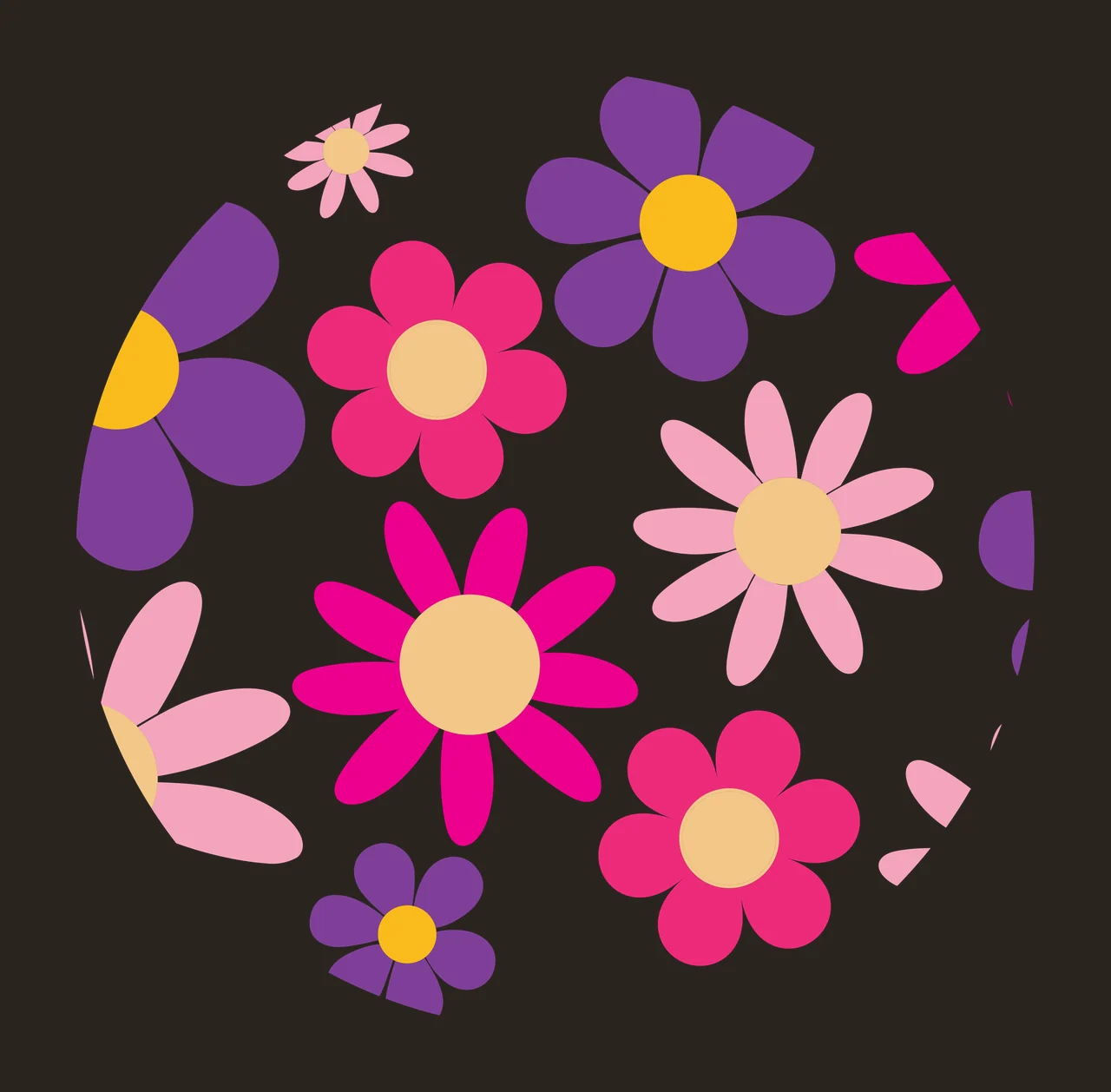 Keychain Circular Pattern With Black Flowers repeating circle contrast preview thumbnail