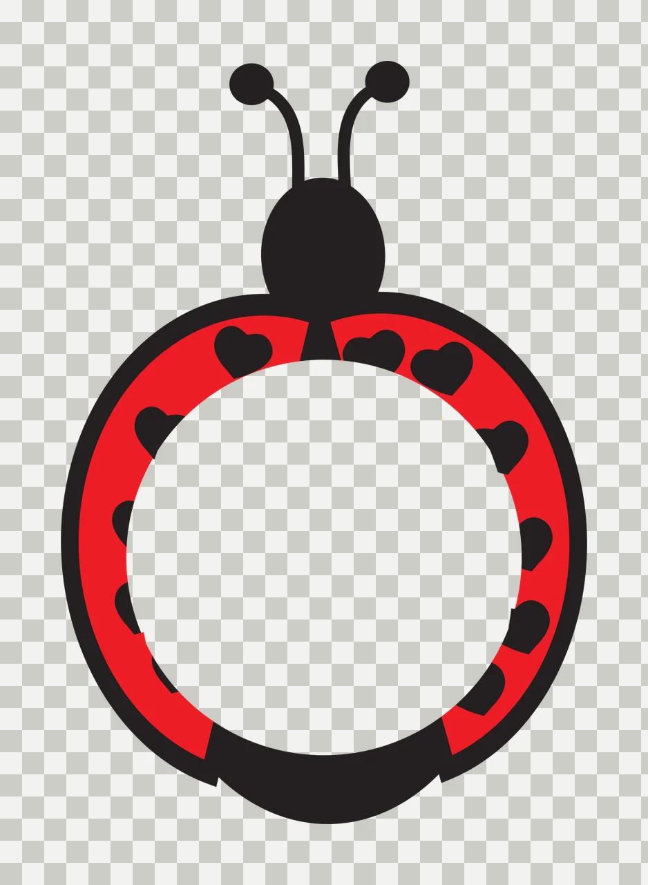 Ladybug-shaped frame with heart motifs with red ladybug body, black head, two black antennae and black heart-shaped spots in white transparency and detail preview thumbnail