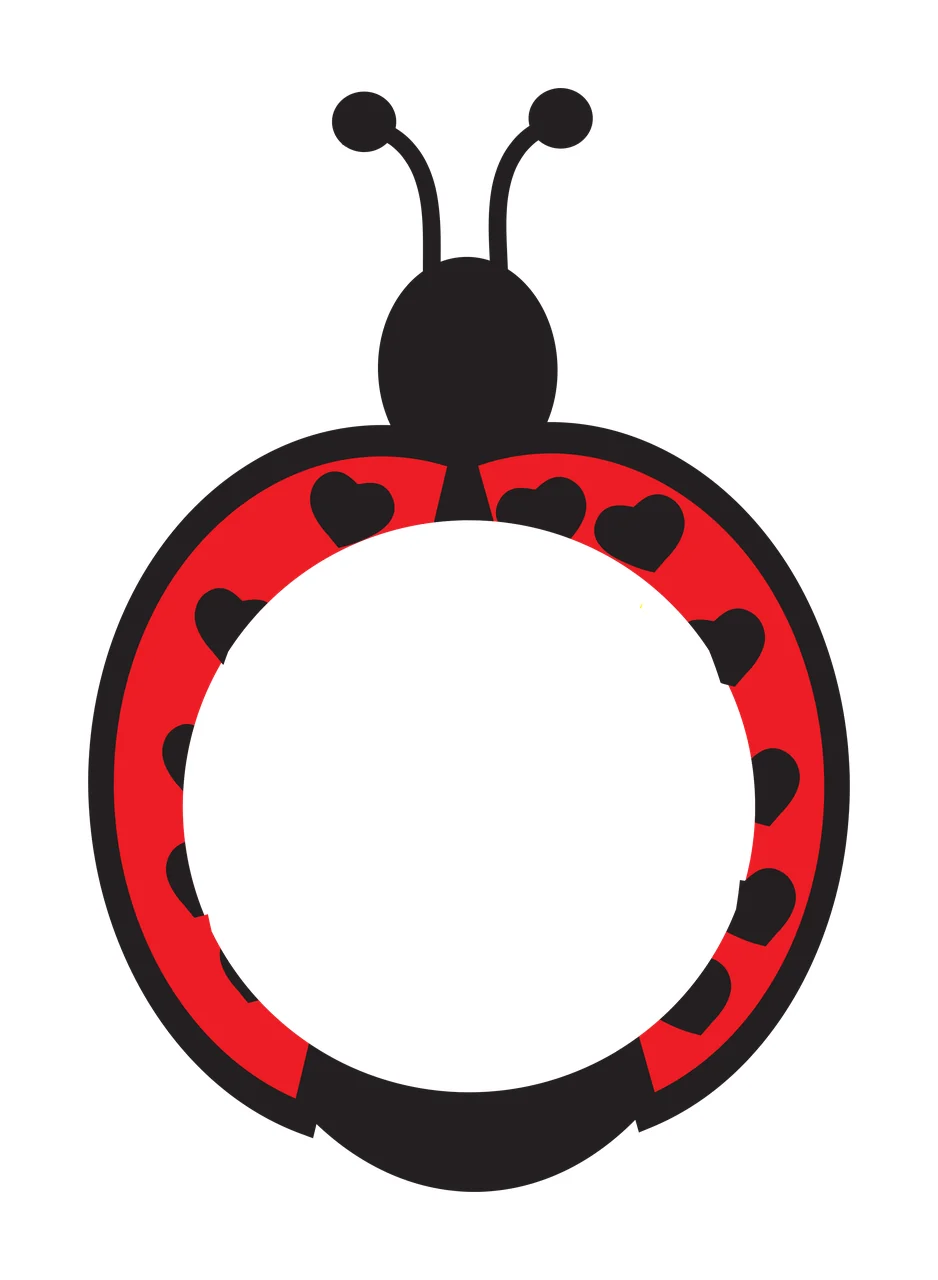 Ladybug-shaped frame with heart motifs with red ladybug body, black head, two black antennae and black heart-shaped spots in white
