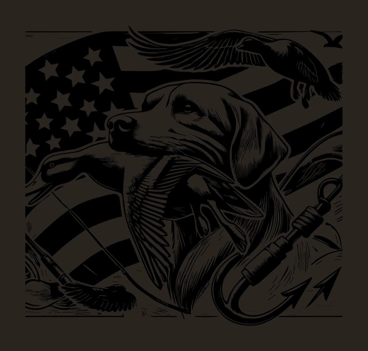 Duck Flag Dog holding hook graphic engraving black white plain contrast preview thumbnail